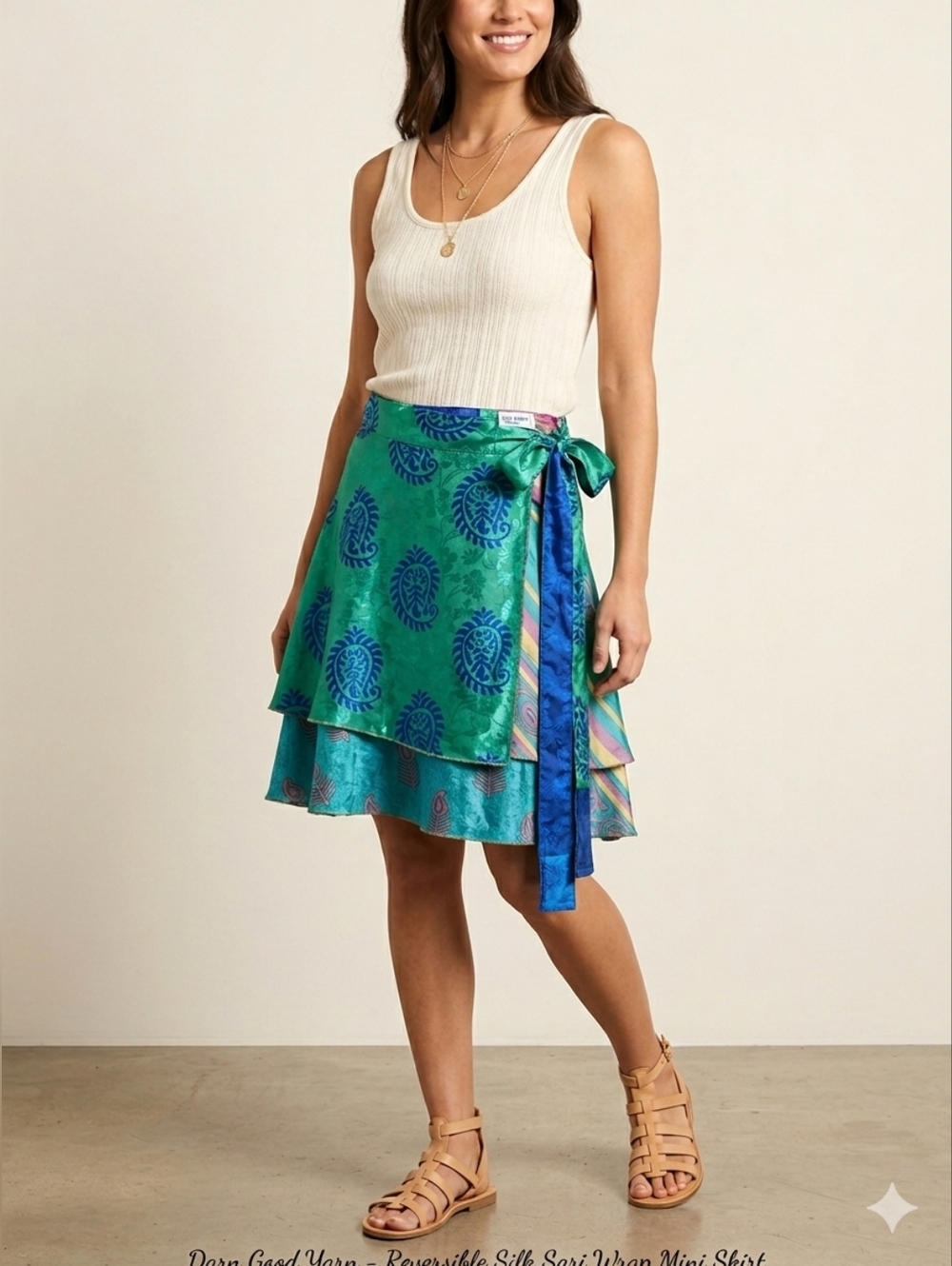 Darn Good Yarn XL Reversible Silk Sari Wrap Mini Skirt Boho Teal Blue Emerald